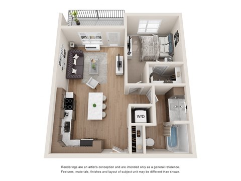 Floor plan for 1 bed, 1 bath, 661 sqft